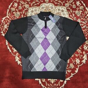 Phat Farm Men's Medium argyle long-sleeve sweater black gray and purple 1/4 Zip